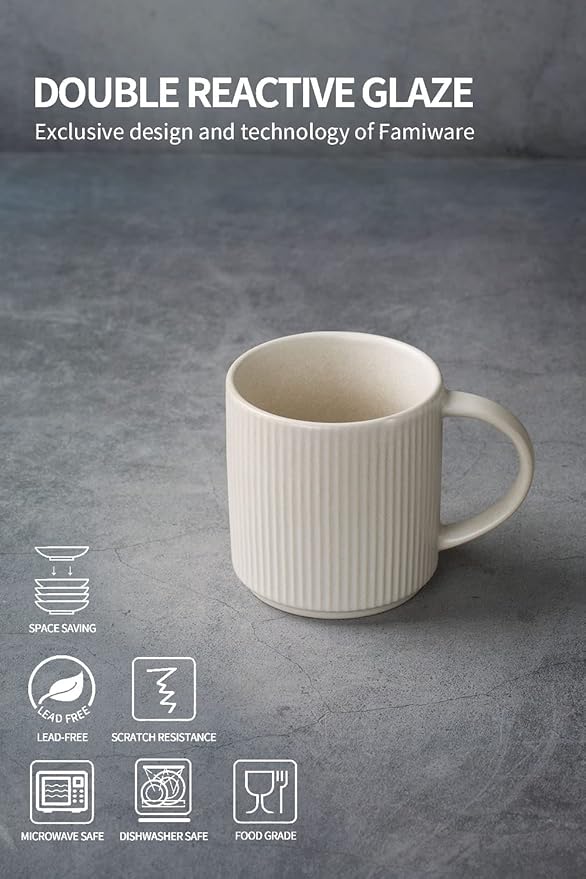 Famiware Dinnerware Set for 4 (12 Piece) and 12oz Mug Set and 3oz Espresso Cups and Saucers Set- Star Stoneware Dishes - Matte White