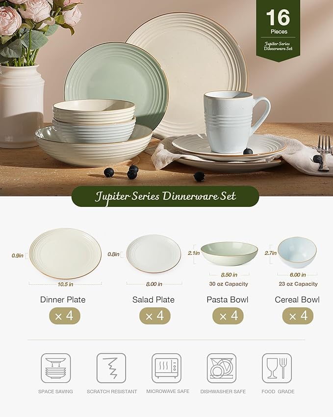 Famiware Jupiter Stoneware Dinnerware Sets for 4 (16-Piece) Handcrafted Dishes with Embossed Swirl &amp Speckles Multi-Color - Includes Chip Resistant Pasta Bowl &amp Dinner Plate for Daily &amp