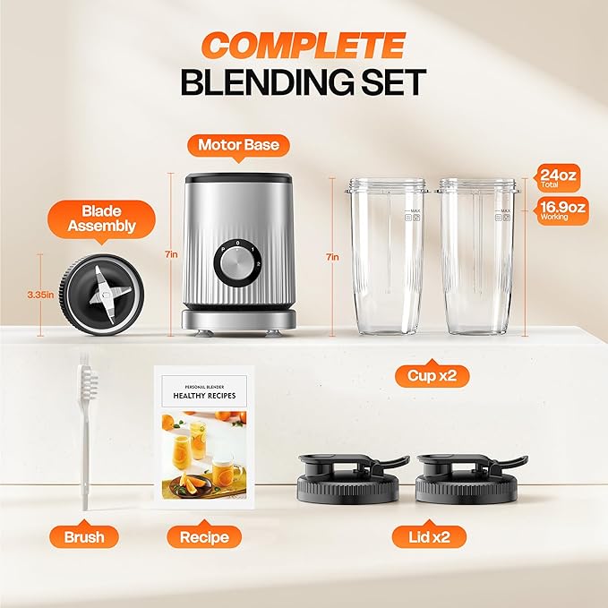Blender for Smoothies Portable Personal Blender for Shakes and Smoothies for Kitchen with 2 * 24oz Portable Cups and Extra Lid Smoothie Maker Machine for Juices Baby Food Nutritious Recipe