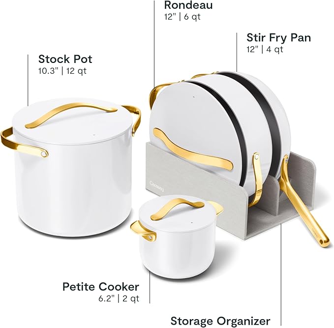 Caraway Cookware+ Collection - Specialty Cookware Set - Petite Cooker Stir Fry Pan Rondeau &amp Stock Pot - 3 Lids &amp Storage Organizer Included - White