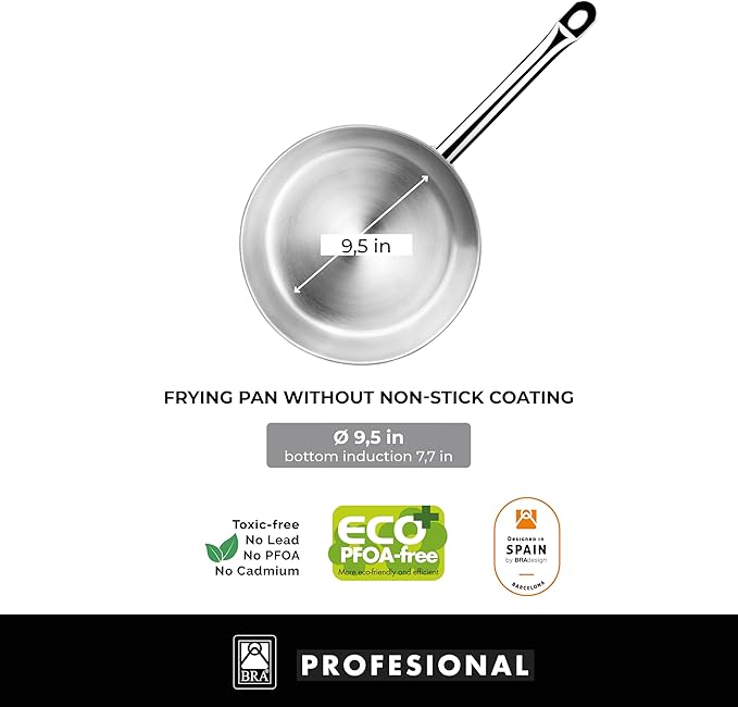 BRA COOKWARE Profesional 9-Piece Stainless Steel Cookware Set | Professional Pots &amp Pans Set | Kitchen Set w/ 2 Pots 1 Sauté Pan 3 Frying Pans 3 Lids | All Heat Sources Compatible | PFOA Free