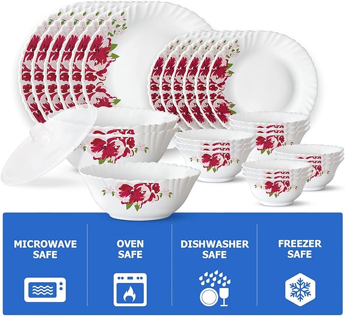 Borosil Gourmet Dinnerware Set For 6 35 Pieces White Dinner Plates and Bowls Chip Resistant Tempered Opal Glass Stain Resistant Dishwasher &amp Microwave Safe Dinner Set For Gifting Serves 6
