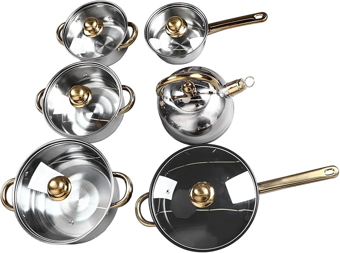 12Pcs Stainless Steel Kitchen Pots Set with Golden Handles Various Sizes Including Milk Pot Soup Pots &amp Frying Pan - Heat Easy to Clean Cookware for Home Cooking