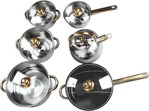 12Pcs Stainless Steel Kitchen Pots Set with Golden Handles Various Sizes Including Milk Pot Soup Pots &amp Frying Pan - Heat Easy to Clean Cookware for Home Cooking