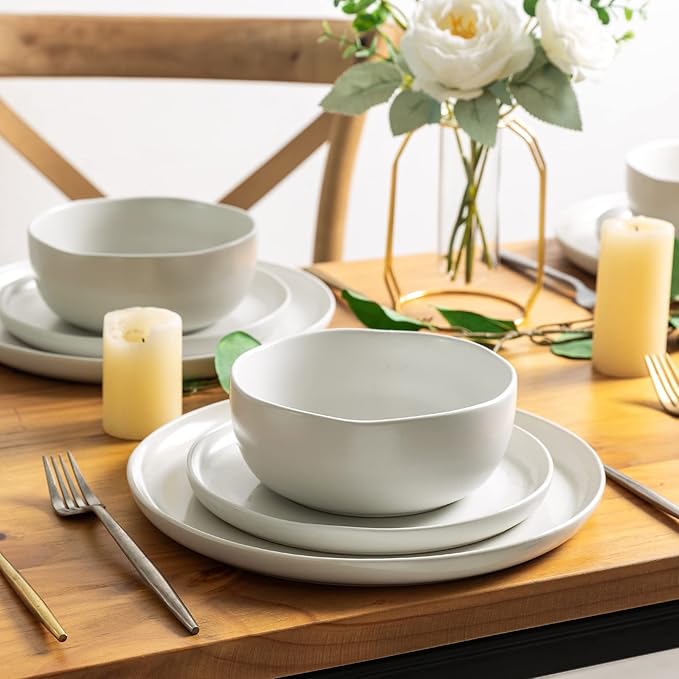 AmorArc Ceramic Dinnerware Sets Wavy Rim Stoneware Plates and Bowls SetsDishwasher &amp Microwave &amp Oven Safe Dishes set Service for 6 (18pc)-Matte White