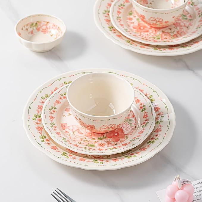 16 Piece Dinnerware Sets for 4 Scratch Resistantmicrowave oven and Dishwasher Safe Plates and Bowls Sets Ceramic Dish Set Bowl and Plate Set -Pink peach blossom pattern