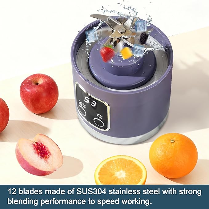 Portable blenderUSB-C rechargeablePersonal compact travel juicer cup15OZ for Shakes SmoothiesFresh juiceSelf-cleaningLeakproof lid Smart time display12 bladeswith strong blending Purple