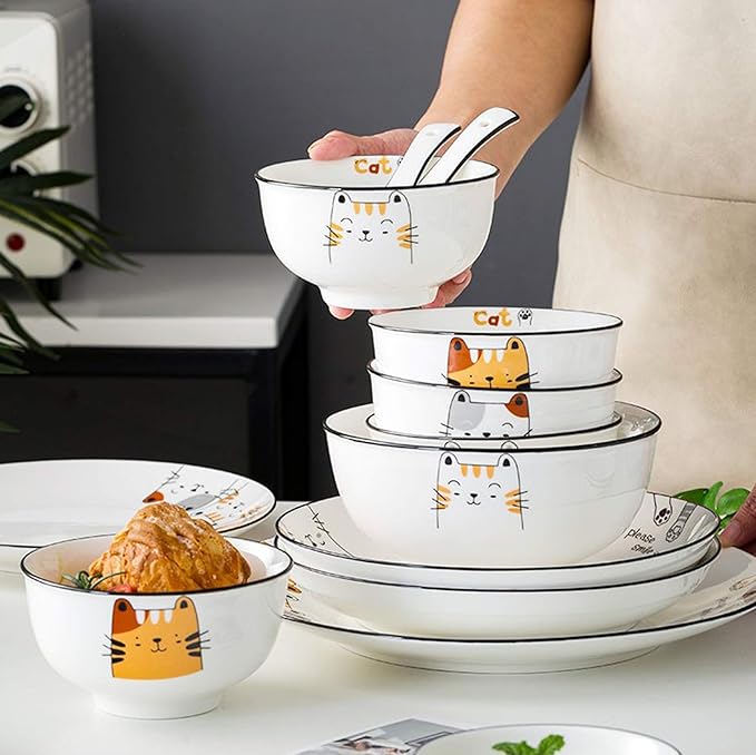 New Dinnerware SetsCeramics Dinner Sets 60 Pieces Cartoon Cat Porcelain Dinnerware Set | Gift Box Cereal Bowl Steak Plate and Soup Bowl for Family Gathering