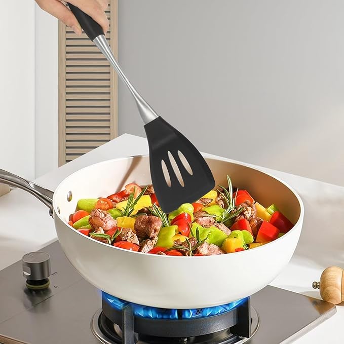 Premium Black Silicone Cooking Utensils Set - Non-Toxic Heat Resistant&amp Non-Stick Kitchen Utensils Set with Spatula Spoon Whisk Tongs BPA Free Dishwasher Safe Black