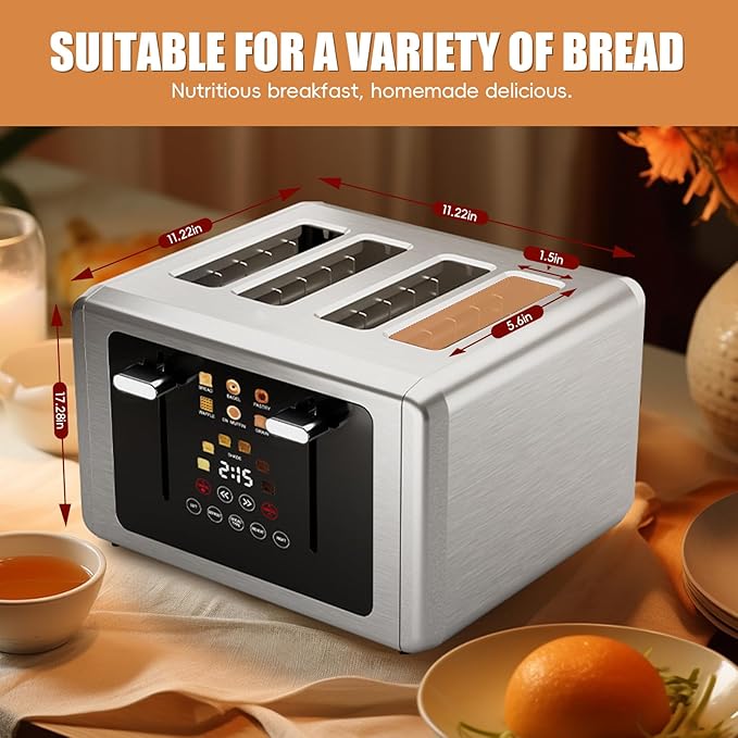 Touch screen Toaster 4 sliceSmart Digital Timer Toasters with Sound&ampScreen-Off Function 6 Bread Types &amp 6 Shade Settings 1.5''Extra Wide Slots Toast with Bagel DefrostStainless Steel