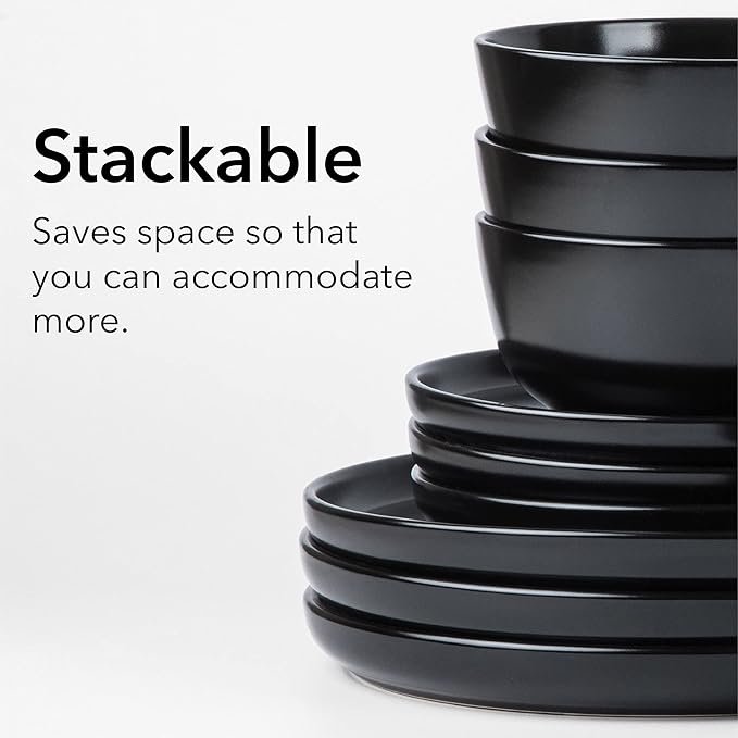 SKUGGA Round Stoneware 16pc Double Bowl Dinnerware Set for 4 Dinner Plates Side Plates Cereal Bowls Pasta Bowls - Matte Black (467586)