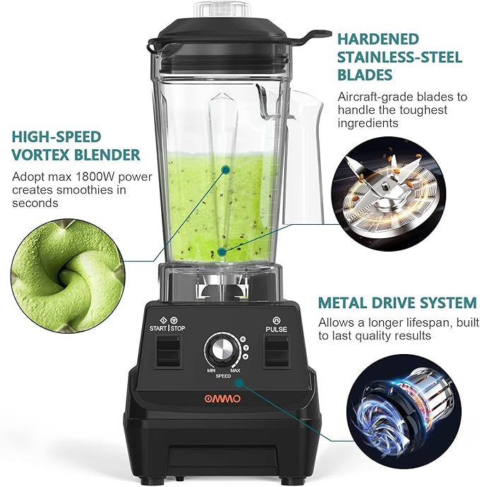 OMMO Blender 1800W Professional High Speed Countertop Blender with Durable Stainless Steel Blades 60oz BPA Free Blender for Shakes and Smoothies Nuts Ice and Fruits Dishwasher Safe