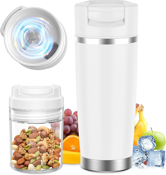 Portable Personal Blender 20oz Vacuum Cup Cordless Blende for 120 Watt Rechargeable Personal Size blender With Stainless Steel Bottle Ideal For-Shakes and Smoothies BPA Free (White）