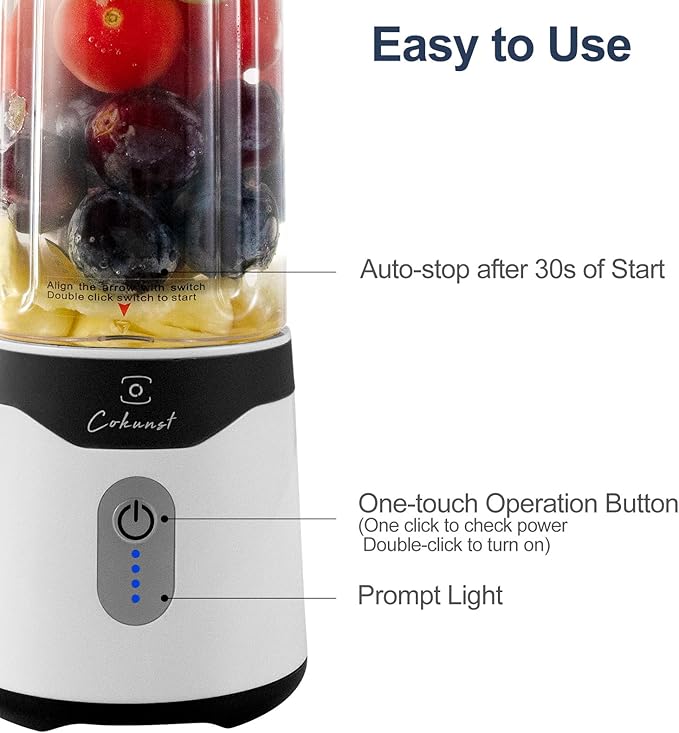 COKUNST 18oz Portable Blender USB Rechargeable Personal Size Blenders Smoothie Blender with 6 Blades for Protein &amp Shakes Mini juicer with Extra Handle Lid for Travel Sports Outgoing White