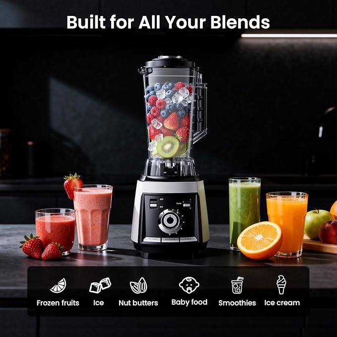 1800 WP Smoothie Blenders for Kitchen 30000 RPM Large Blender for Smoothies Ice Crushing &amp Frozen Fruit Heavy Duty Grinder with 68oz BPA-Free Pitcher Adjustment Speed Knob Silver