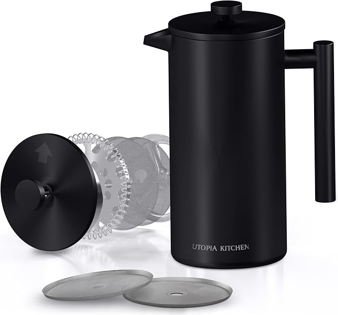 Utopia Kitchen 304 Grade Stainless Steel French Press Coffee Maker 17 Oz Double Wall Insulated Coffee Press with 4-Level Filtration system Include 2 Extra Filters Rust-Free Dishwasher Safe Black
