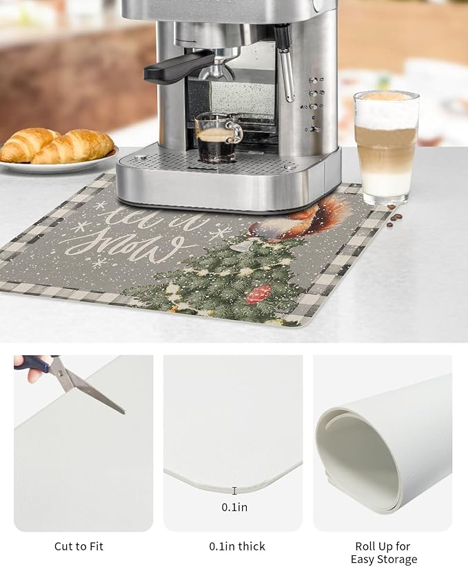 Coffee Mat Coffee Bar Mat for Countertops Christmas Watercolor Squirrel with Xmas Tree Grey Absorbent Coffee Maker Mat Rubber Backed Dish Drying Mat for Coffee Espresso Machine Coffee Maker 18x28