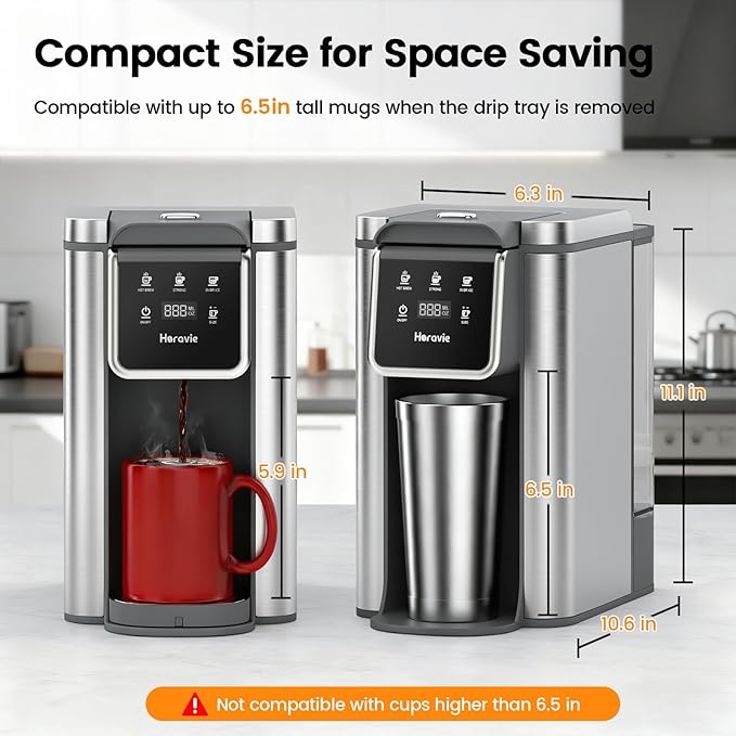 Single Serve Coffee Maker for K-Cup Pod and Grounds Hot and Iced Coffee Maker Strong Button Feature 6 to 14oz Brew Sizes 50oz Removable Tank Up to 6.5 Inch Cup Stainless Steel Grey