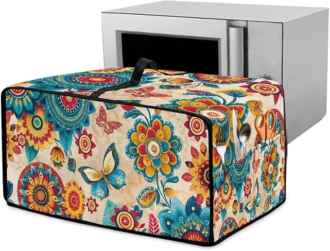 Boho Mandala Print Toaster Oven Cover Wide Slot Butterfly Print Bread Machine Cover with Side Pockets for Kitchen Counter Decorative 18.5 x 14.5 x 9 Green and Orange