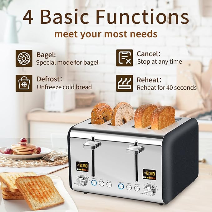 SEEDEEM 4 Slice Stainless Toaster - Color LCD Display 7 Shade Settings 1.5'' Wide Slots Bagel/Defrost/Reheat Functions Removable Crumb Tray Dark Chocolate 1800W