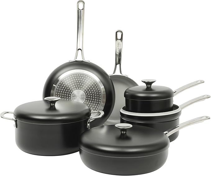 Sur La Table Kitchen Essentials Potluck Porch 10 Piece PFA Free Ceramic Non stick Interior Forged Aluminum Cookware Pots and Pans Set W/Aluminum Lids - Black - Induction Compatible