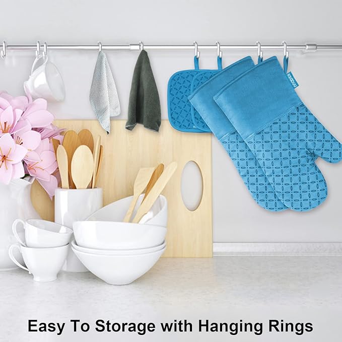 KEGOUU Oven Mitts and Pot Holders 6pcs Set Kitchen Oven Glove High Heat Resistant 500 Degree Extra Long Oven Mitts and Potholder with Non-Slip Silicone Surface for Cooking (Sky Blue)