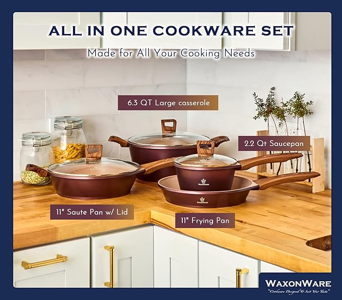 Waxonware 7pc Kitchen Pots and Pans Set Non stick German Coated Kitchen Cookware Set Premium - Dishwasher Safe and 100% PFOA and PTFE Free - Induction Cooking Non Stick Pots and Pan Set - Marbellous