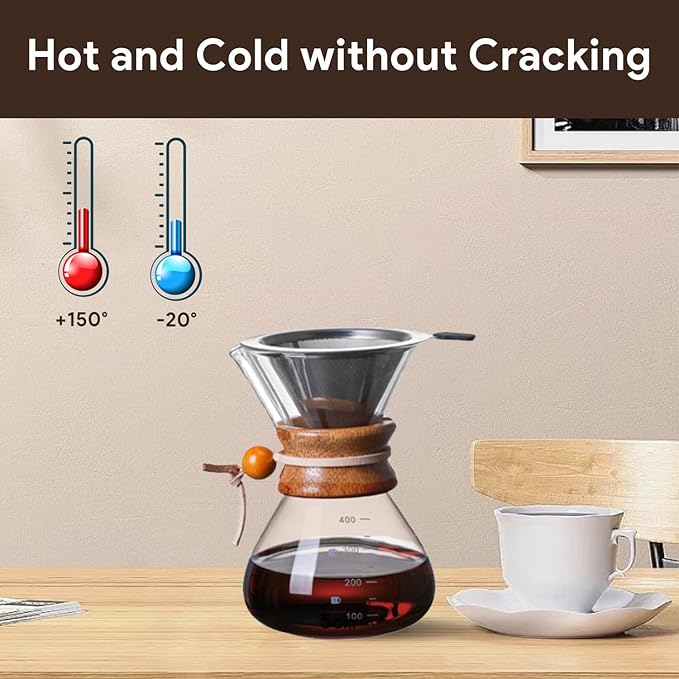 Wood Neck Pour Over Coffee Maker with Stainless Steel Filter 400ml(13oz) Glass Coffee Pot Drip Coffee Brewer for Home Cafe Camping Gift - Permanent Reusable Filter No Paper Needed(400ml)