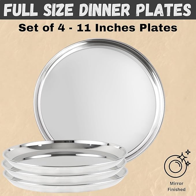 Stainless Steel Dinnerware Set of 32 Pcs (Dinner Plates Cups Dishes Bowls) Metal Dinnerware Sets Dishwasher Safe Reusable Dinner Set for Home Kitchen Camping - Service for 4