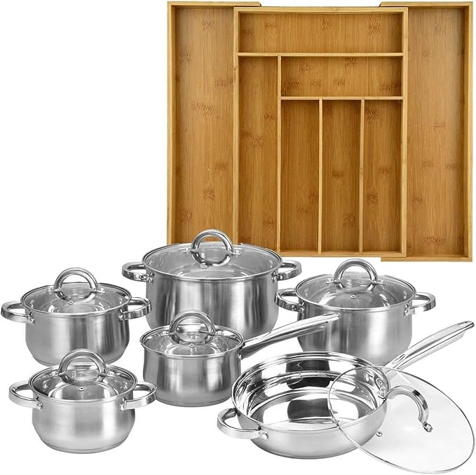 For 12 Piece Cookware Set Stainless Steel Pots Pans + Bamboo 8 Slot Organizer Tray