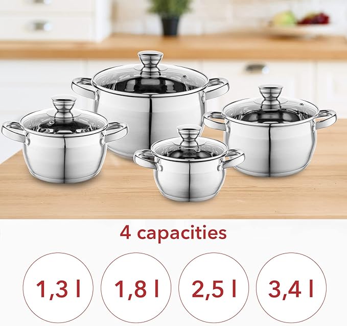 FLORINA Pot set OLIVER | 4-piece set | Stainless steel 18/0 | Tempered glass lids | Suitable for induction gas electric ceramic | Dishwasher safe | Complete set for all stoves