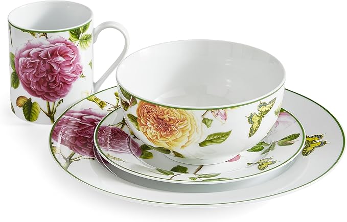 Portmeirion Home Roses 16 Piece Set - Delicate Pink Rose &amp Butterfly Pattern Dishwasher Safe Porcelain Dinnerware for Garden Parties Bridal Showers Tea Time &amp Family Gatherings - 10.5 Plat