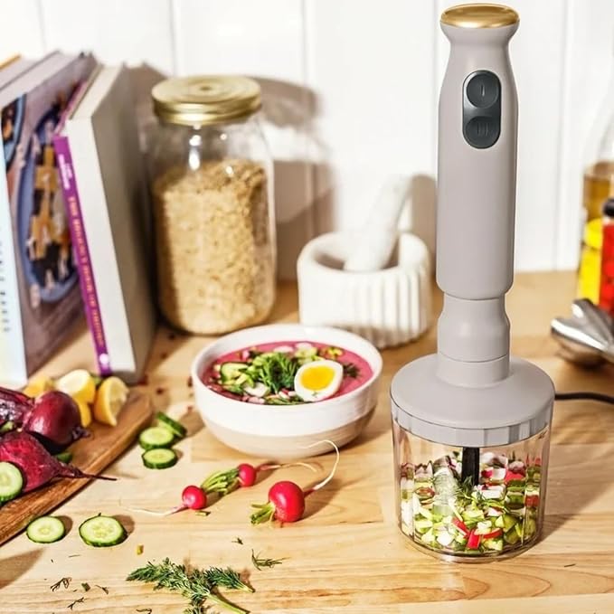 Cordless Hand Blender with 2-Cup Chopper Whisk &amp Large Measuring Cup Perfect for Cooking Smoothies Sauces Purees and Meal Prep (Porcini Taupe)