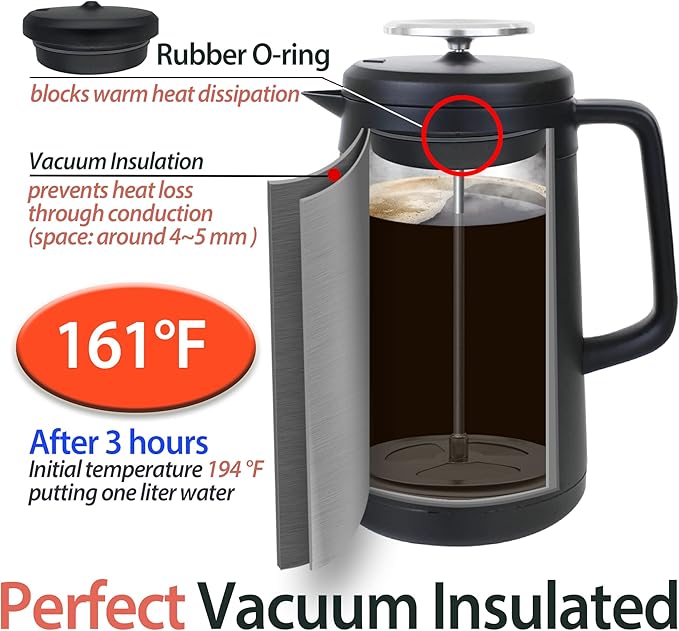 PortableAnd 34oz Double Vacuum Insulation Large Silicone French Press Coffee Maker Metal Stainless Steel Matte Black Perfect for Camping Travel and At-Home Use (Light Gold)
