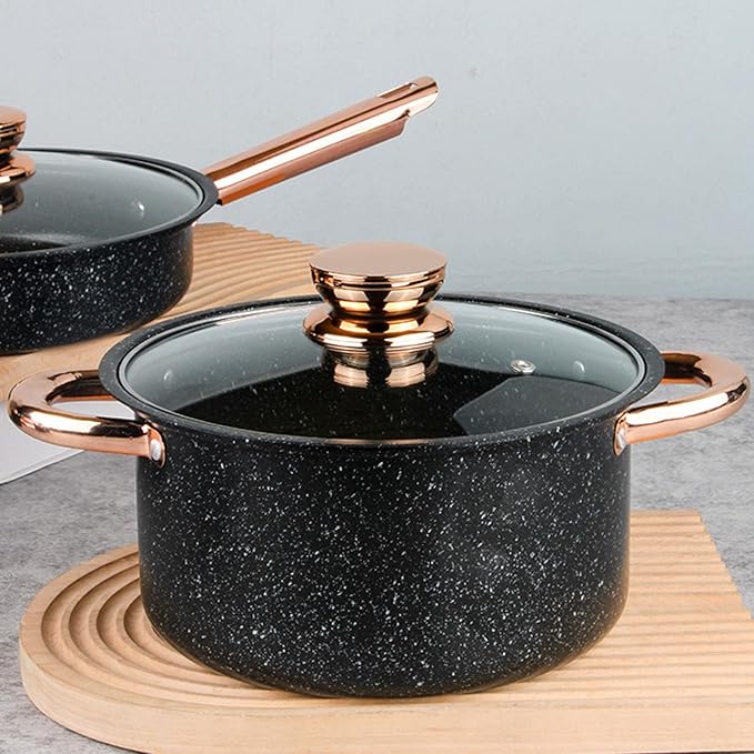 Good Heat Conductivity Cookware Set with Lids Anti Stick Maifan Stone Coating Stainless Steel Frying Pan Soup Pots Set for Kitchen Beautiful Design Long Service Life