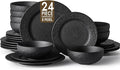 KINGSTONE Black Dinnerware Sets 24-Piece Matte Marble Pattern Premium Porcelain Place Setting with Dinner Plate Salad Plate Pasta Bowl Microwave and Dishwasher Safe