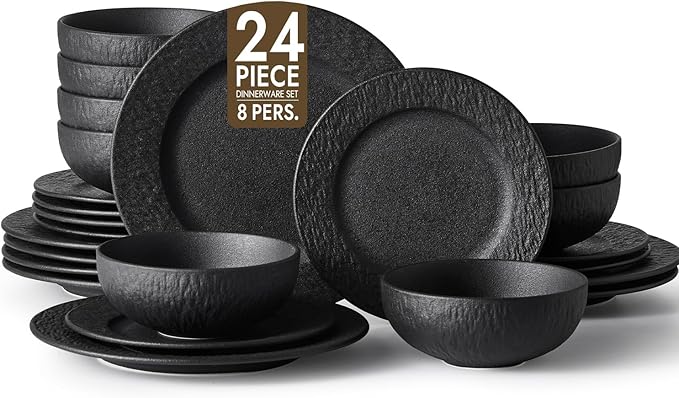 KINGSTONE Black Dinnerware Sets 24-Piece Matte Marble Pattern Premium Porcelain Place Setting with Dinner Plate Salad Plate Pasta Bowl Microwave and Dishwasher Safe