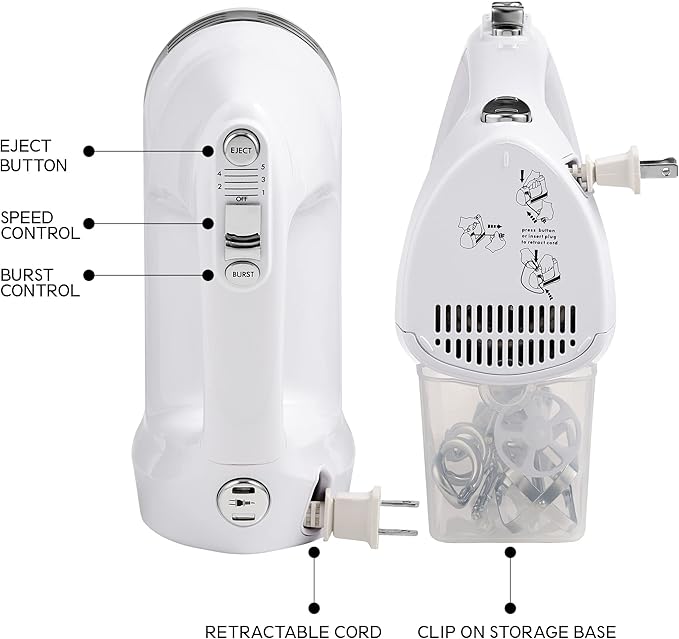Kenmore Electric Hand Mixer – 5 Speed Handheld Blender Electric Egg Beater with Whisk Beater Dough Hooks Storage Case Turbo Boost for Cake Mix Batidora de Mano Eléctrica