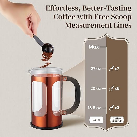 Veken French Press Coffee Maker 34oz 1 L No Plastic Touching Cafe Heat Resistant Thickened Borosilicate Glass Stainless Steel Brewer Cold Brew Cafetera Teapot for Kitchen Travel Camping Copper