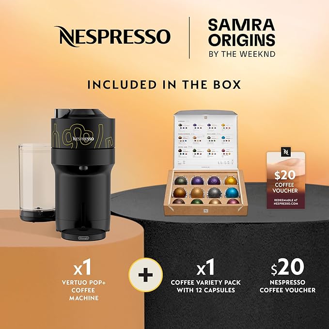 Nespresso Vertuo Pop+ Coffee and Espresso Maker by De'Longhi Samra Origins by The Weeknd Vertuo Buna Yellow