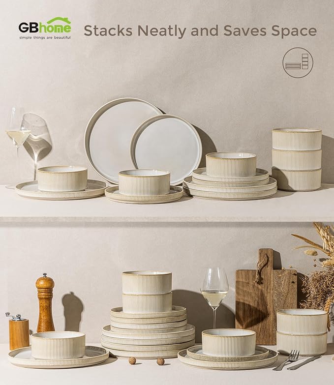 GBHOME 12-Piece Stoneware Dinnerware Set for 4 – Ribbed Ceramic Plates and Bowls Scratch-Resistant Microwave &amp Dishwasher Safe Reactive Glaze Oatmeal Veil