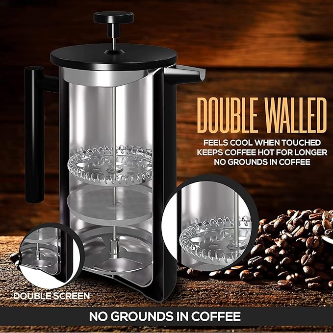 French Press Coffee MakerStainless Steel Double Wall Insulated Coffee Press 34 oz4-8 Cups Portable Hot Cold Brew Teapot Cafetera for Coffee Bar Accessories Kitchen Camping (Black34oz)