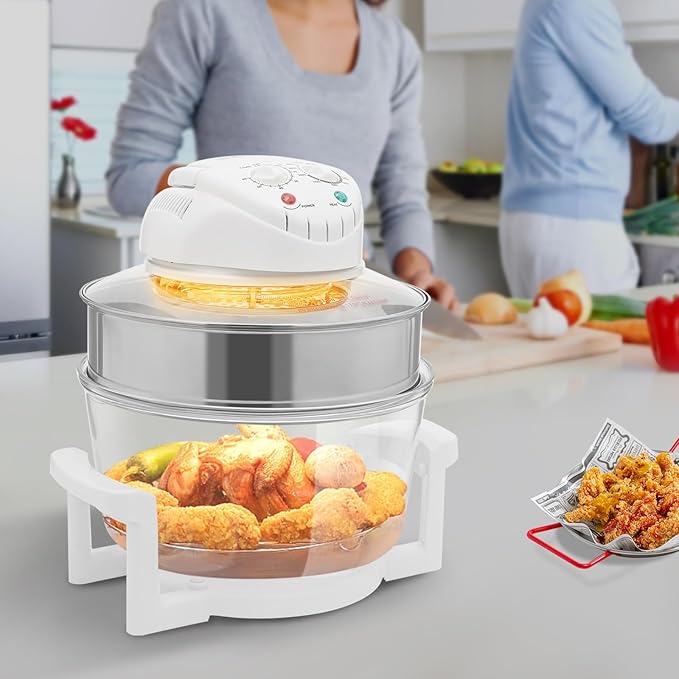 17Qt Portable Glass Air Fryer Convection Roaster Oven Turbo Electric Cooker Recipe 360° Heating Halogen Oven Countertop Stainless Steel Grill Prepare Quick Healthy Meals White