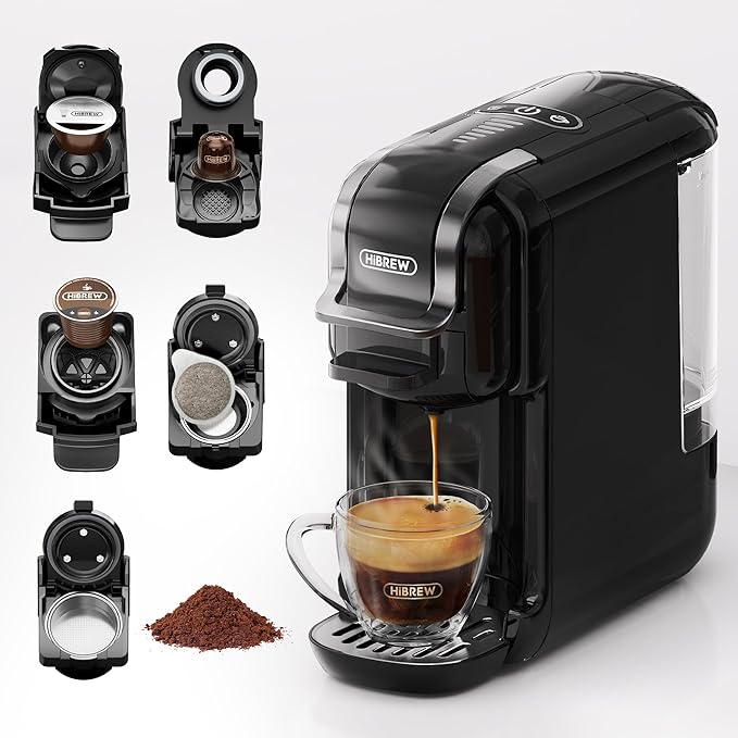 HIBREW H2B 5-in-1 Pod Coffee Maker - Compatible With 4 Coffee Capsule as Well as Espresso Powder Makes Iced Coffee Espresso Cappuccino Long Black. Hotel Kitchen Coffee Machine