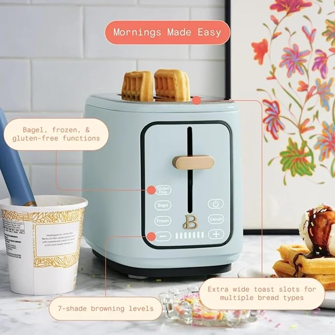 2 Slice Digital Toaster with Touch Control Panel Adjustable Toast Shade Settings Wide Bread Openings Bagel &amp Frozen Modes Removable Crumb Tray (Hydrangea Blue)