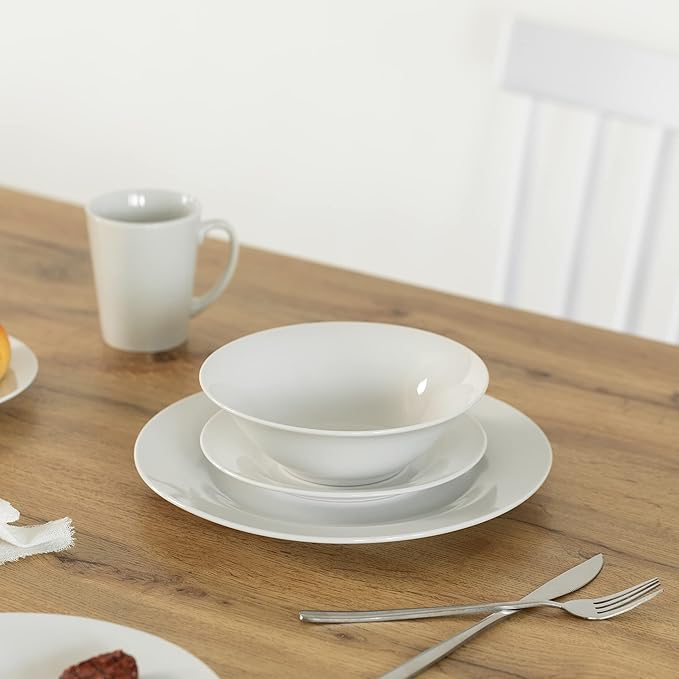48 PC Rimmed Dinnerware Set for 12 Person | Mugs Salad and Dinner Plates and Bowls Sets Dishes with Highly Chip and Crack Resistant Dishwasher and Microwave Safe White