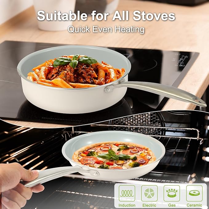 5PC Induction Cookware Set with Tempered Glass Lids Ultra Nonstick Pots and Pans Set with Stainless Steel Handle Oven Safe and Dishwasher Safe Non Toxic &amp Ceramic Cooking Set Cream White