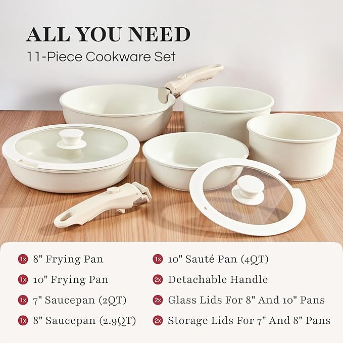 GOURMETIFIC® Pots and Pans Cookware Set [11 PIECES] - Non Toxic Ceramic Coated Cooking Ware - Induction Gas &amp Oven Kitchenware - Non Stick Pot &amp Pan with Removable Handles &amp Stackable (La