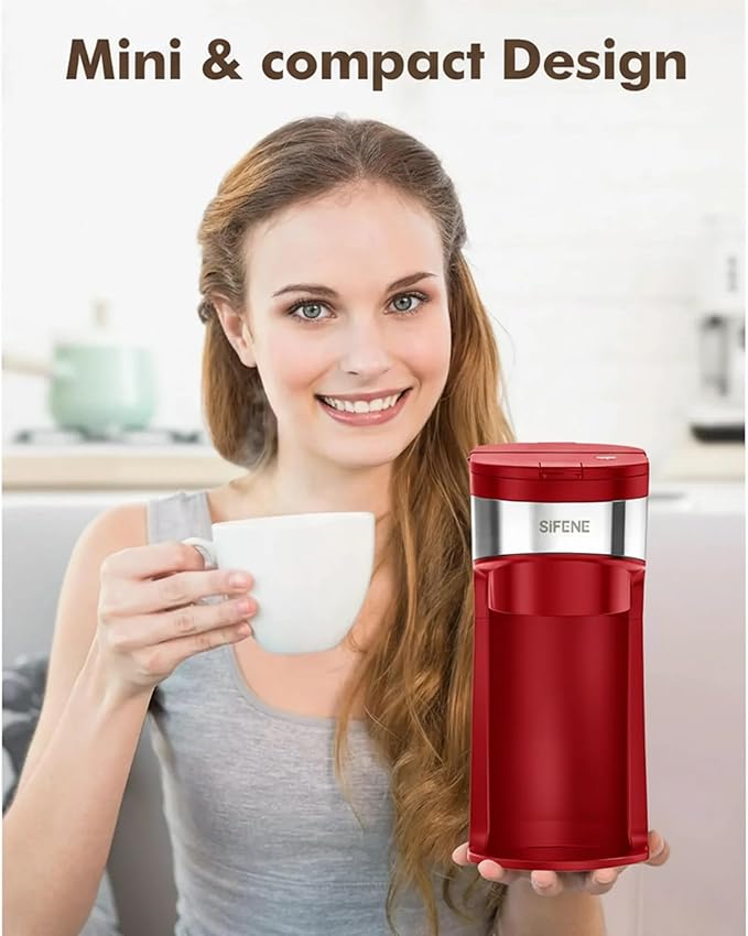 SIFENE Mini Single Serve Coffee Maker 2-in-1 Portable Drip Machine for K-Pods &amp Ground Coffee Fast Brew Auto Shut-Off Easy Clean Max Cup Height 5.5 Compact for Travel Office Dorm Red