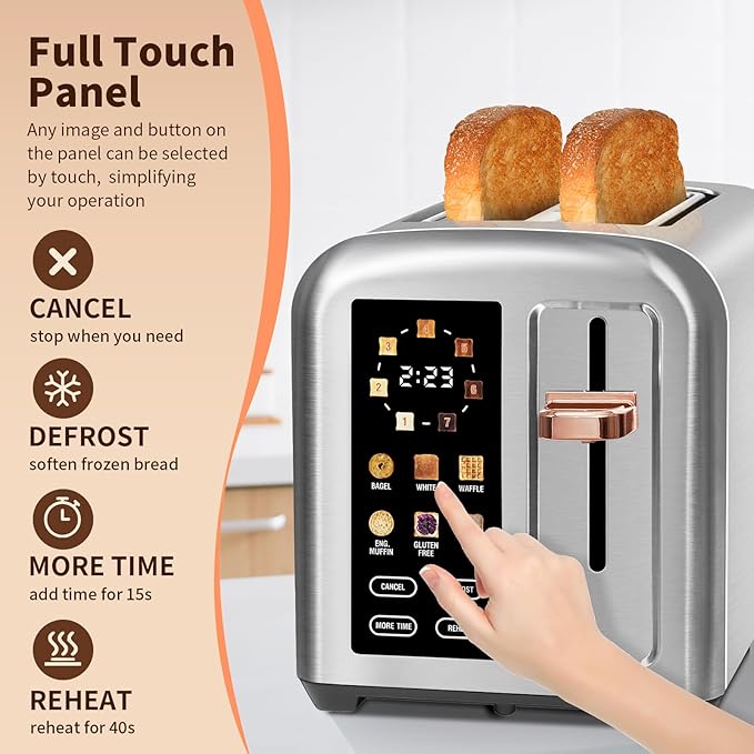 SEEDEEM Toaster 2 Slice Touch Control Stainless Toaster LCD Display 50% Faster Heating Speed 1.4'' Wide Slots More Timer Functions Removable Crumb Tray 1350W Silver Metallic